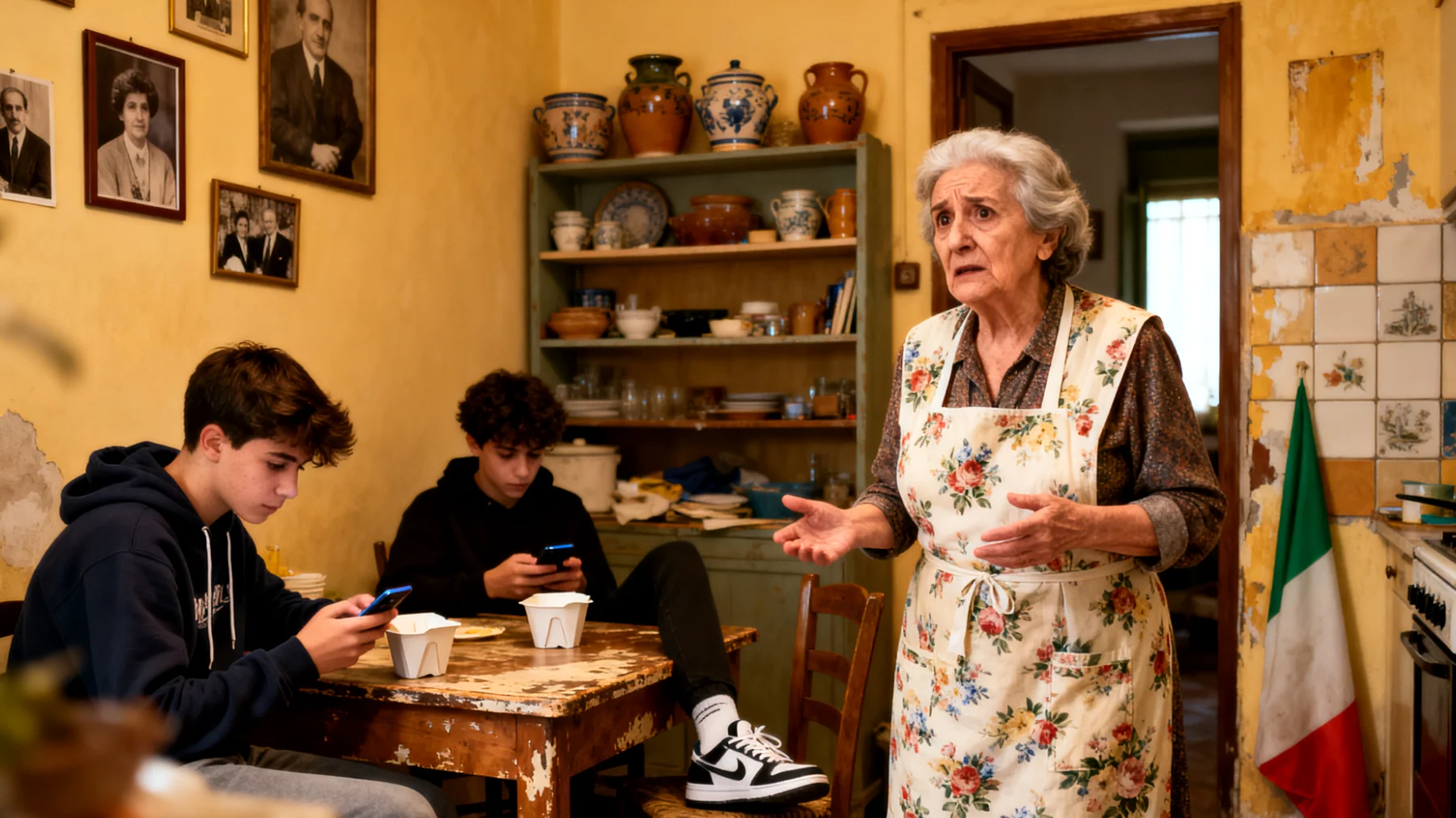 Nonna in difficoltà nel comprendere e accettare i valori, le scelte di vita e i comportamenti degli adolescenti nipoti, che vivono in un contesto culturale e sociale molto diverso da quello in cui lei ha cresciuto i propri figli"